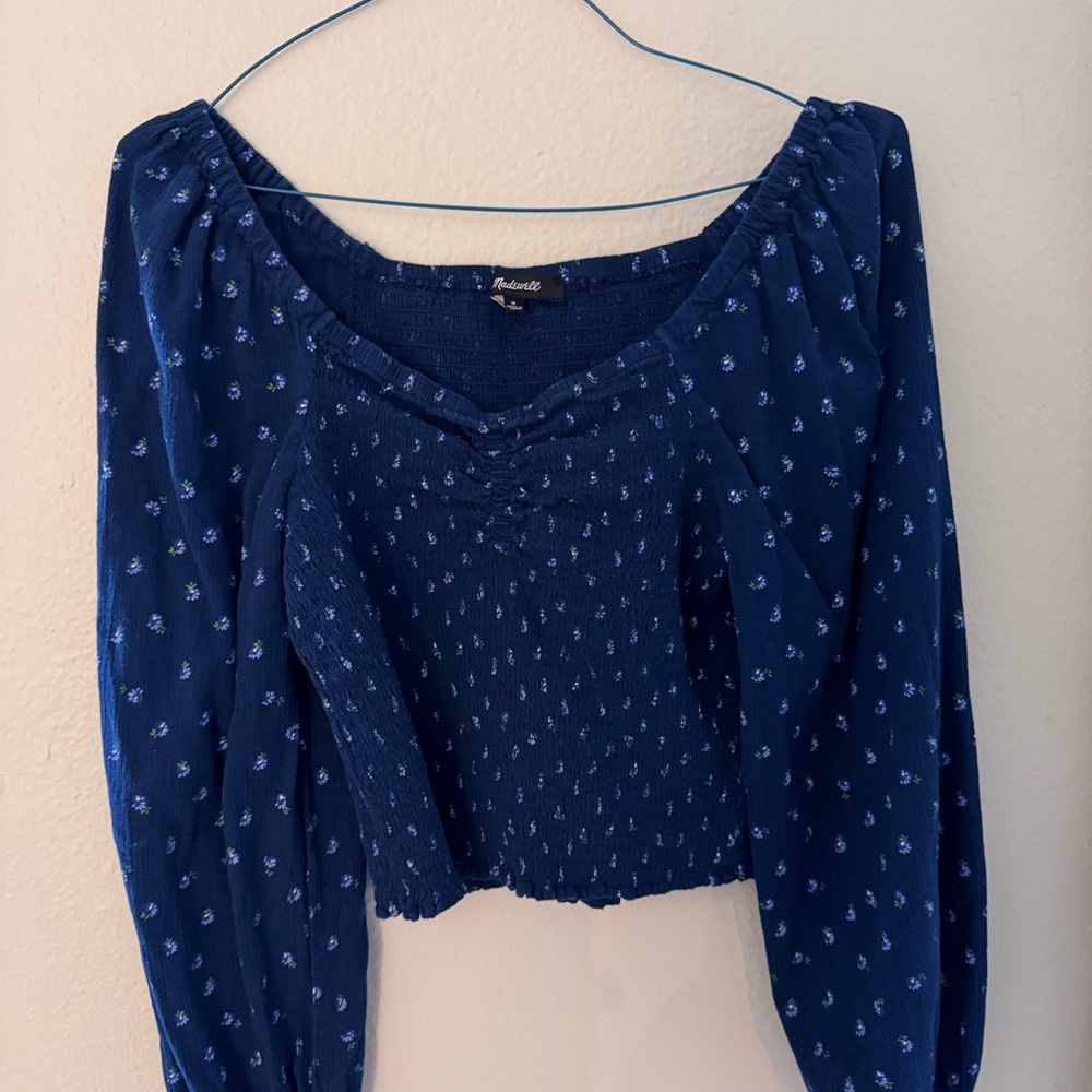 Madewell Blue Patterned Smocked Top